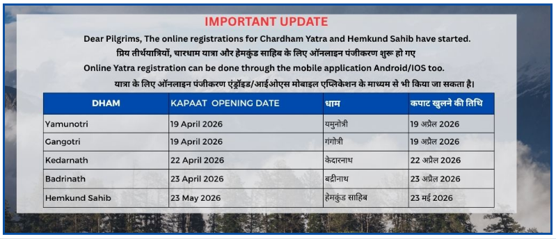 kedarnath yatra registration 2026
kedarnath helicopter booking
char dham opening dates
kedarnath opening date